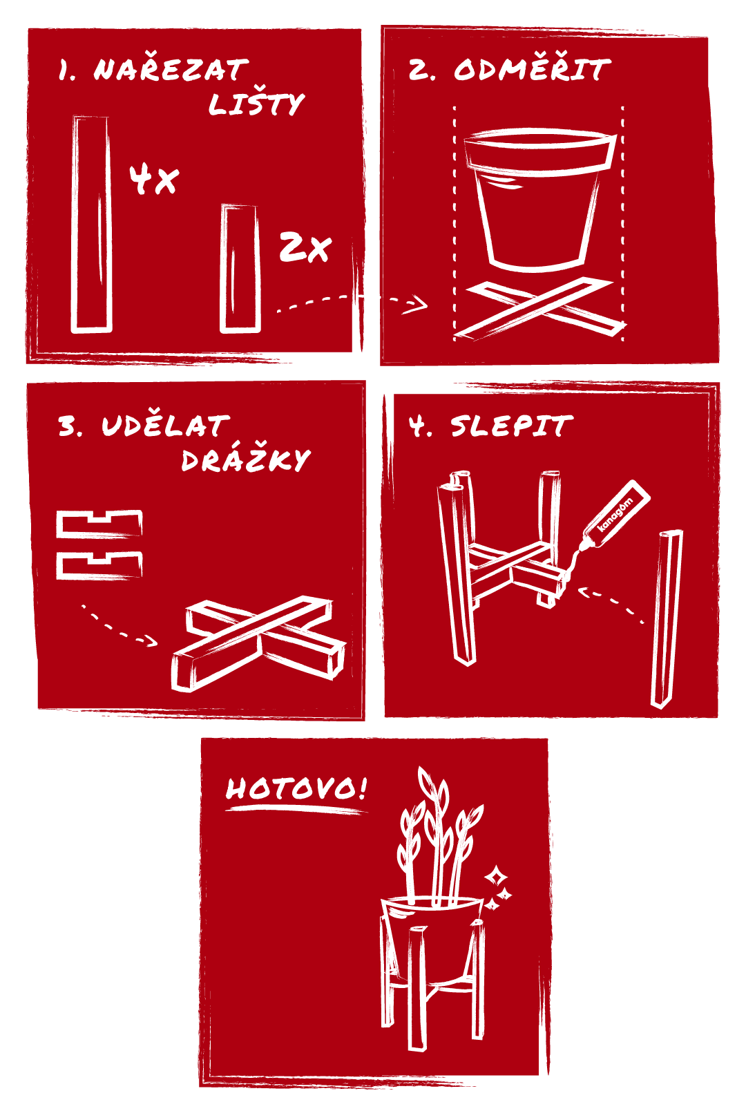 Potřebujete:</p>
<p>● 6 dřevěných lišt nebo latěk s obdélníkovým průřezem<br />
● lepidlo Kanagom<br />
● barvu nebo barevný sprej na dřevo<br />
● květináč</p>
<p>Postup:</p>
<p>1. Rozmyslete si, jak chcete stojan vysoký, a podle toho nařežte 4 lišty na stejnou délku.</p>
<p>2. Dvě zbývající lišty dejte do kříže. Položte na ně květináč a zkraťte je podle nejširšího obvodu květináče. Tyto lišty vytvoří podstavec pod květinou.</p>
<p>3. Na lištách z podstavce vyřežte uprostřed obdélníkové drážky. Když se k sobě lišty s drážkami přiloží, zapadnou do sebe jako puzzle. Do drážek naneste Kanagom, spoj přitlačte a lepidlo nechejte působit alespoň 15 minut.</p>
<p>4. Ke vzniklému podstavci přilepte Kanagomem nohy stojanu. Pozor si dejte na to, abyste všechny přilepili stejně vysoko. Spoje stlačte a nechejte působit dalších 15 minut.</p>
<p>5. Stojan máte hotový! Teď už ho jen stačí nabarvit vaší oblíbenou barvou.</p>
<p>Nezapomeňte se nám svým výtvorem pochlubit na našem Instagramu pod hashtagem #lepidlokanagom.