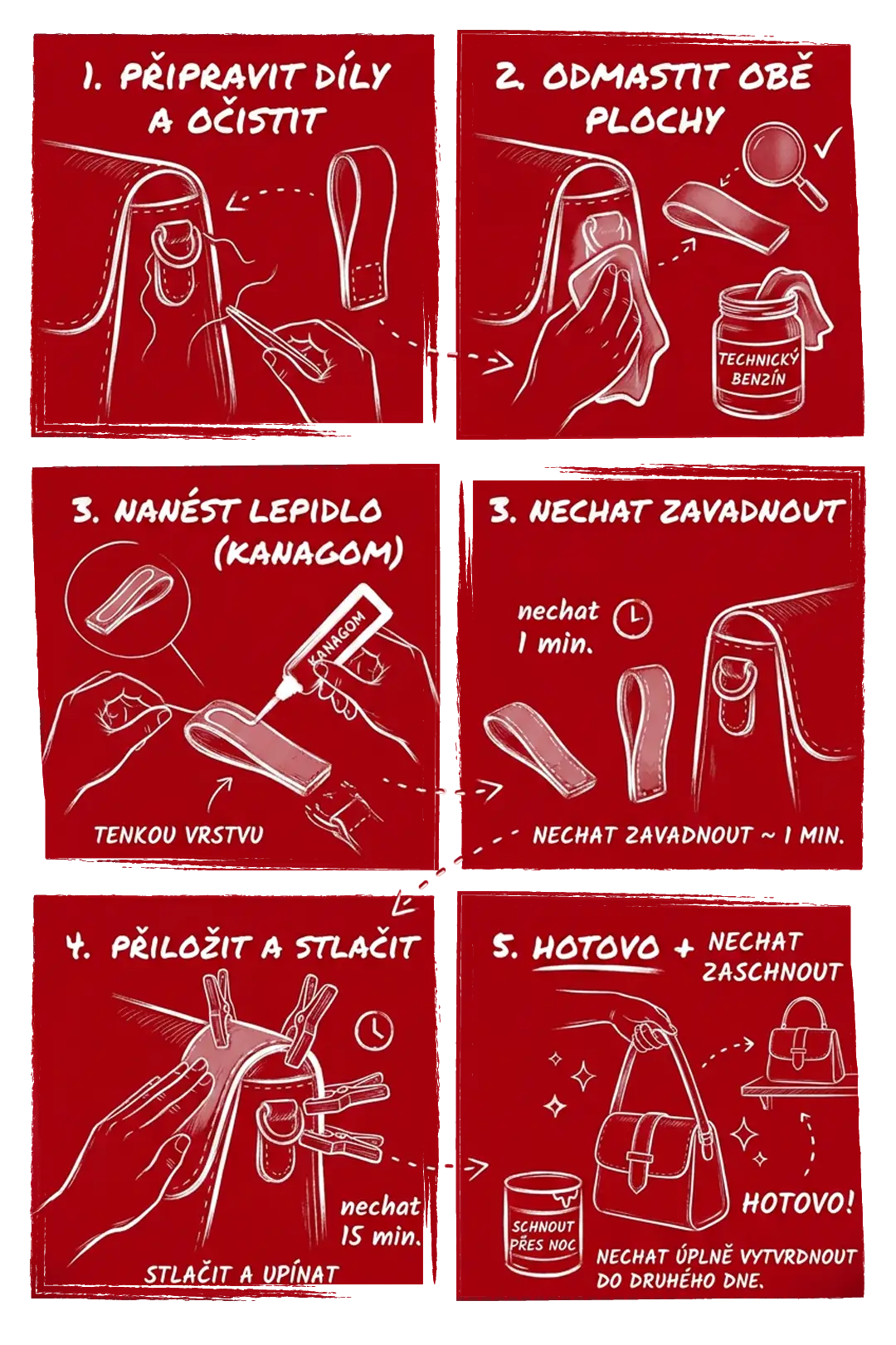 Potřebujete:</p>
<p>● koženou kabelku s utrženým poutkem<br />
● lepidlo Kanagom<br />
● technický benzín (nebo líh) a hadřík<br />
● kolíčky nebo kancelářské svorky na zafixování</p>
<p>Postup:</p>
<p>Připravte si utržené poutko a místo na kabelce, kam ho budete lepit. Očistěte případné zbytky starých nití nebo drolící se kůže.</p>
<p>Vezměte čistý hadřík, namočte ho do technického benzínu a obě lepené plochy důkladně odmastěte. Kůže bývá z běžného nošení mastná, takže tento krok je pro pevnost spoje naprosto zásadní.</p>
<p>Na obě odmaštěné plochy naneste tenkou vrstvu lepidla Kanagom. Lepidlo nechejte chviličku (zhruba minutu) zavadnout, aby se do kůže částečně vsáklo a lépe chytlo.</p>
<p>Poutko přesně přiložte na původní místo a silně přimáčkněte. Spoj pevně stlačte pomocí kolíčků nebo svorek a nechejte lepidlo působit alespoň 15 minut.</p>
<p>Kabelku máte zachráněnou! Nyní doporučujeme nechat spoj v klidu alespoň do druhého dne, aby lepidlo plně vytvrdlo a poutko bezpečně udrželo vaše věci.</p>
<p>Nezapomeňte se nám svým výtvorem pochlubit na našem Instagramu pod hashtagem #lepidlokanagom.